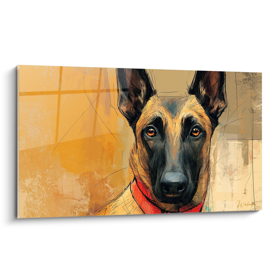 Tableau Portrait de Berger avec Collier Rouge sur Fond Doré - Regard Intense - Edition Berger Belge Malinois