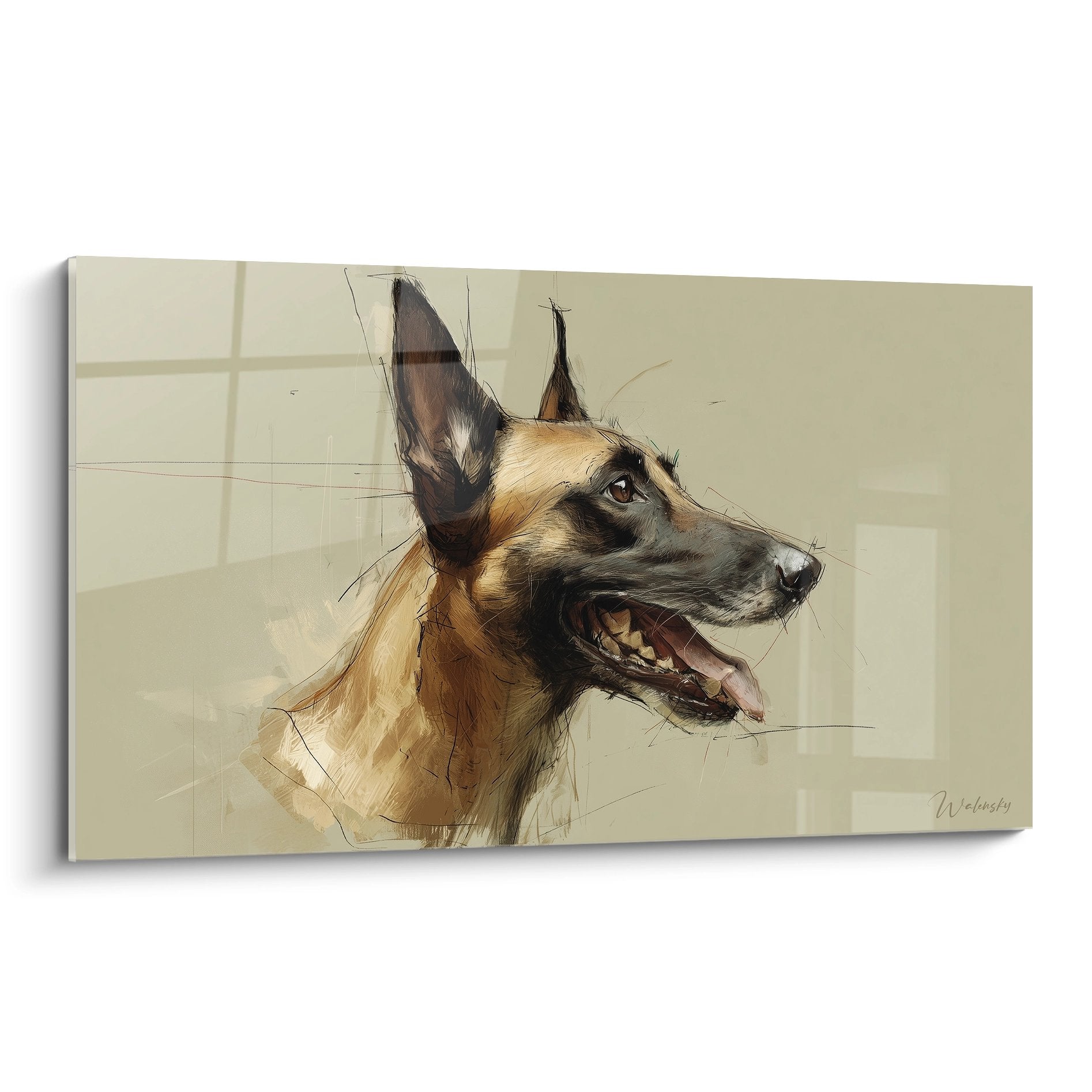 Portrait esquisse Berger Belge Malinois tons dores gueule ouverte regard intense fond beige art contemporain