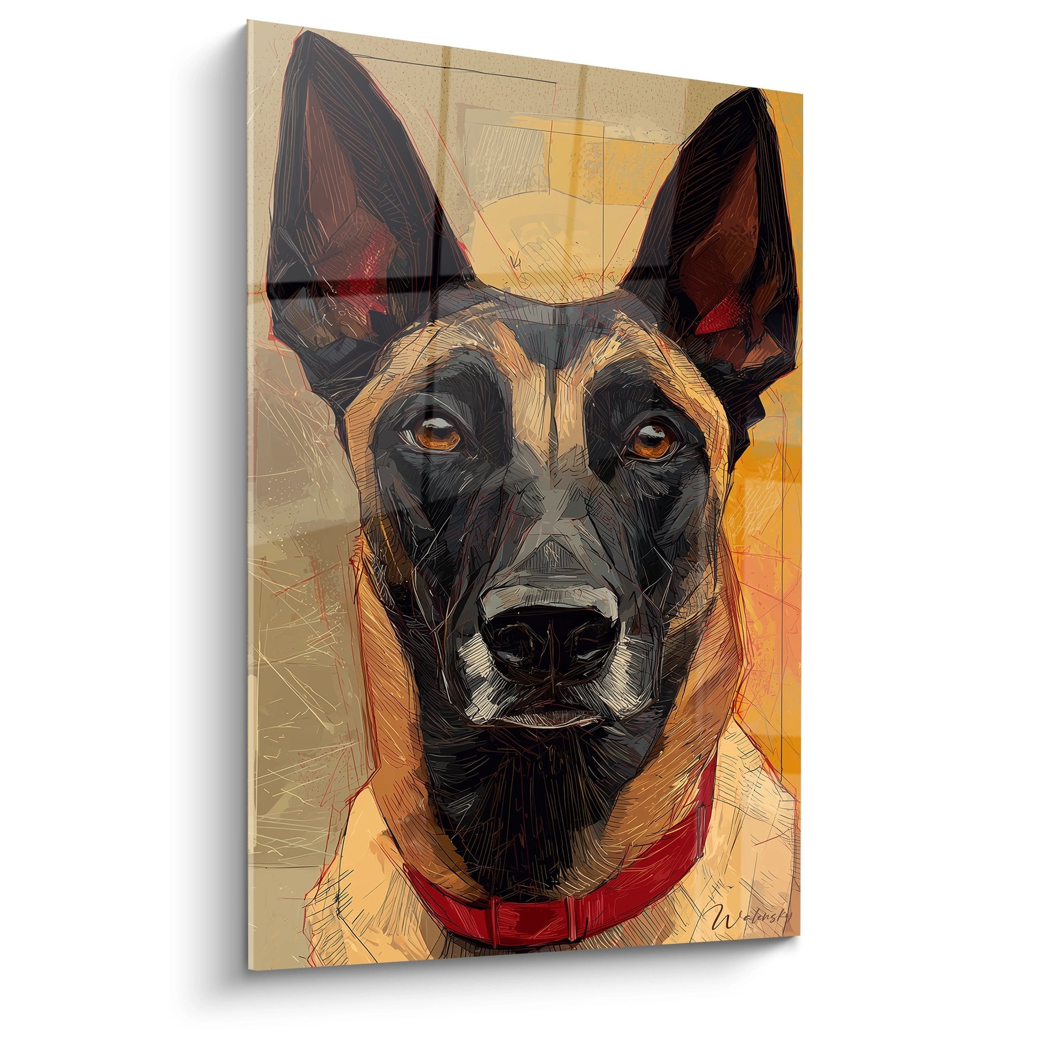 Portrait artistique berger belge malinois yeux ambres collier rouge fond geometrique tons chauds