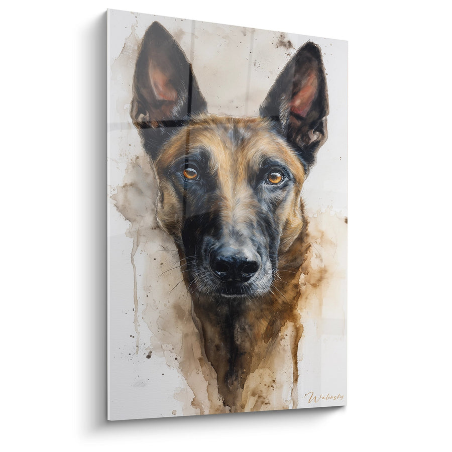 Tableau Portrait de Chien aux Yeux Dorés sur Fond Aquarelle - Regard Intense - Edition Berger Belge Malinois
