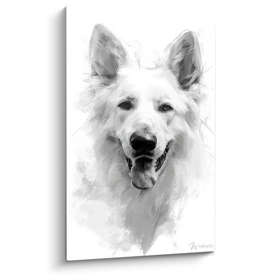 Künstlerisches Porträt Weißer Schweizer Schäferhund Grautöne expressiver Blick Skizzenstil