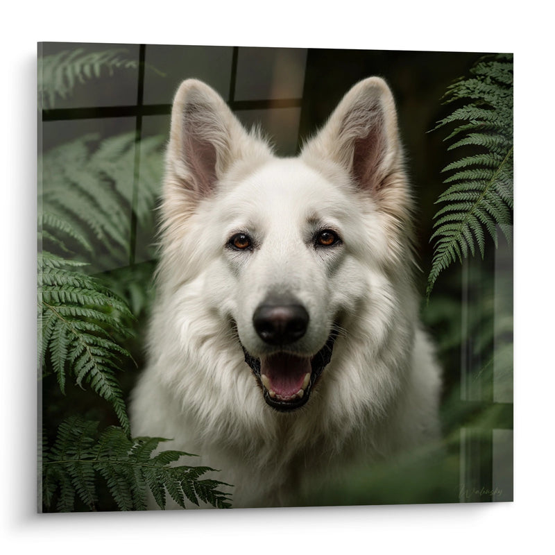 Bild Porträt Weisser Schäferhund mit Bernsteinaugen vor Farnhintergrund - Wohlwollender Blick - Edition Weisser Schweizer Schäferhund