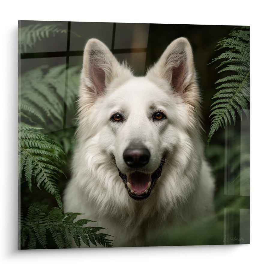 Tableau Portrait Berger Blanc aux Yeux Ambrés sur Fond de Fougères - Regard Bienveillant - Edition Berger Blanc Suisse