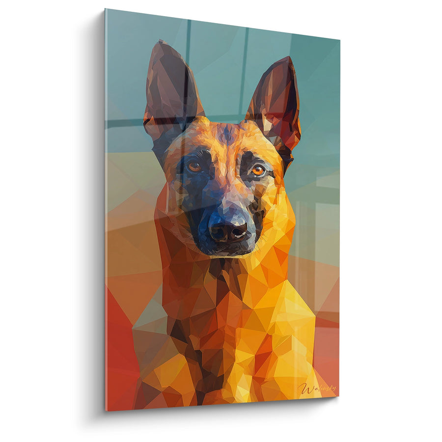 Tableau Berger Allemand Portrait Géométrique Orange et Bleu - Regard Intense - Edition Berger Belge Malinois