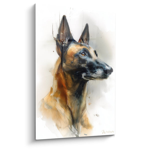 Schilderij Nederlandse Herdershond Portret Aquarel Oker en Zwart - Intensieve Blik - Editie Nederlandse Herdershond