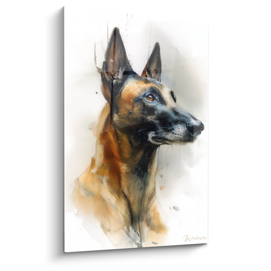 Tableau Berger Hollandais Portrait Aquarelle Ocre et Noir - Regard Intense - Edition Berger Hollandais