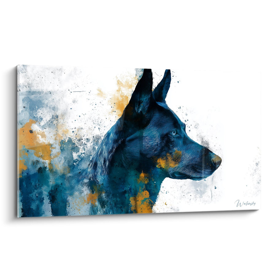 Tableau Chien Bleu Profond aux Éclaboussures Dorées - Portrait Aquarelle - Edition Berger Hollandais