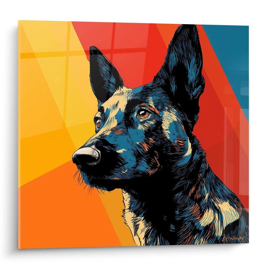 Tableau Chien aux Tons Bleus et Orange sur Fond Géométrique - Portrait Moderne - Edition Berger Hollandais