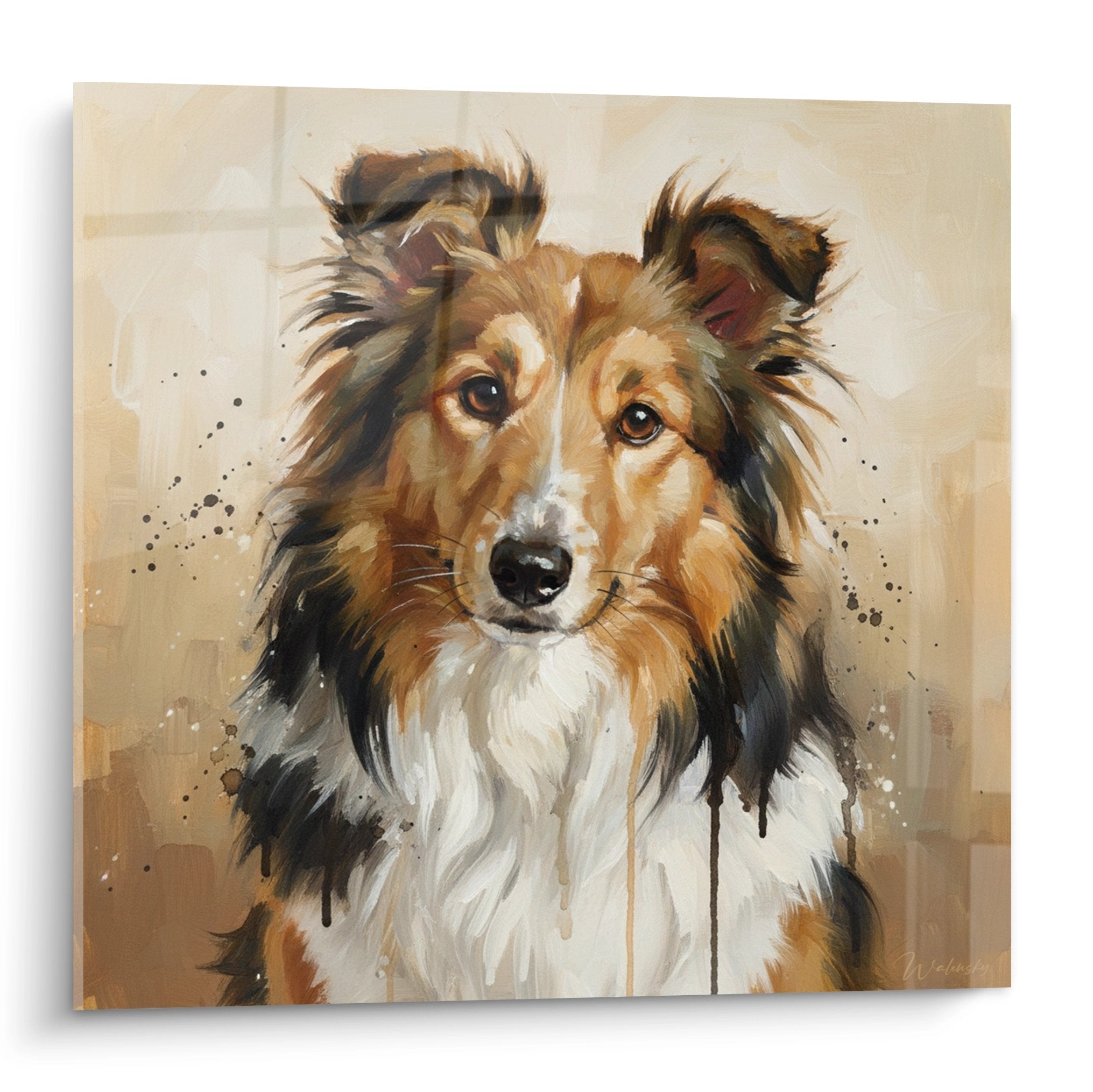 Portrait artistique Berger des Shetland tricolore aux yeux dorés sur fond beige avec éclaboussures noires modernes