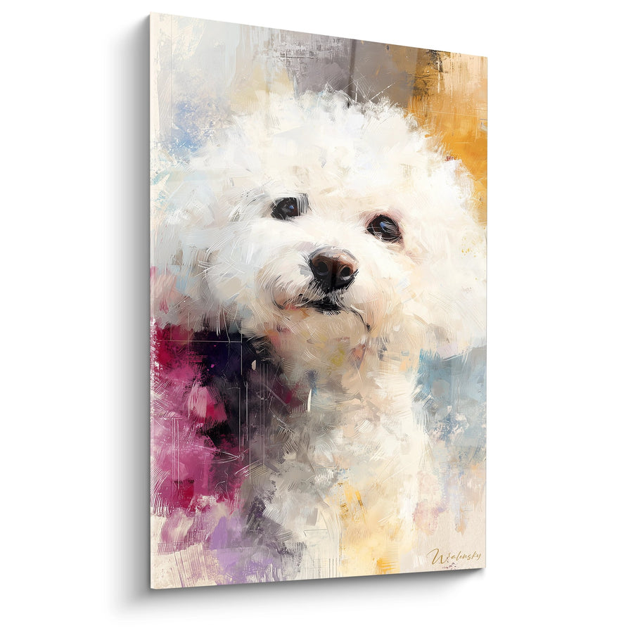 Tableau Bichon Frisé au Pelage Blanc sur Fond Multicolore - Portrait Artistique - Edition Bichon Frisé