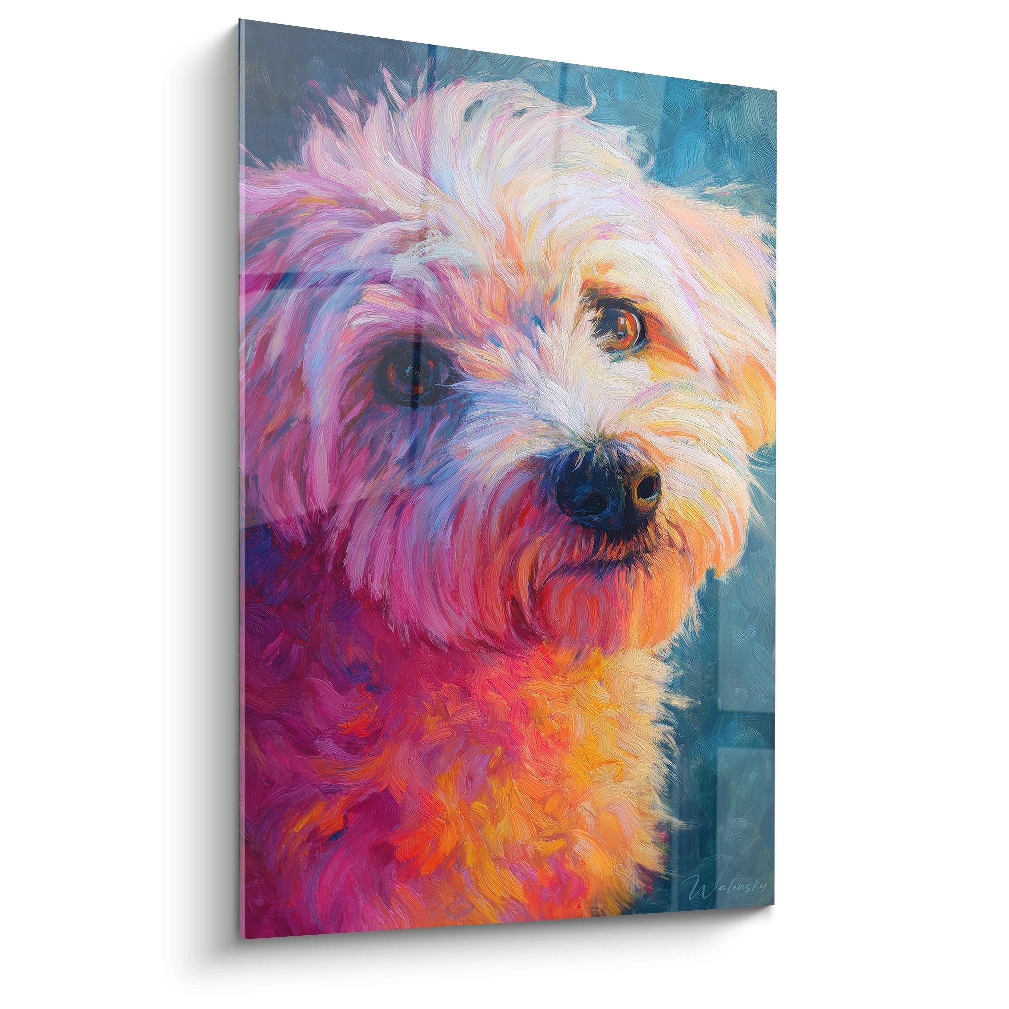 Portrait artistique Bichon Havanais couleurs vives roses violettes oranges fond bleu peinture expressive