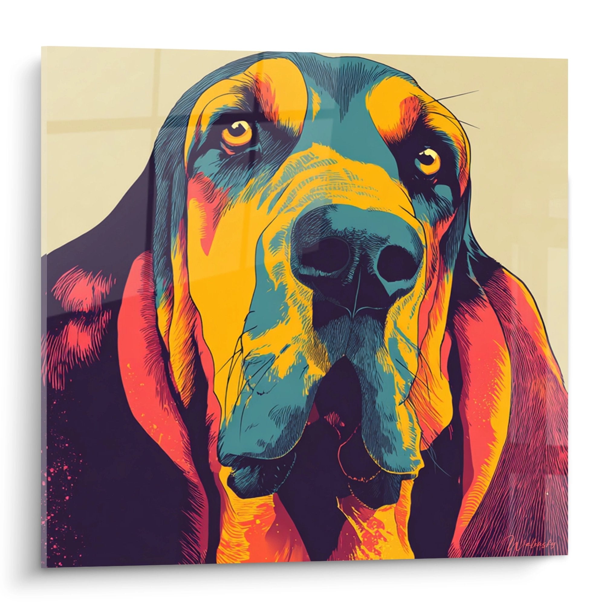 Portrait artistique de Bloodhound aux couleurs pop art orange turquoise et rose sur fond beige