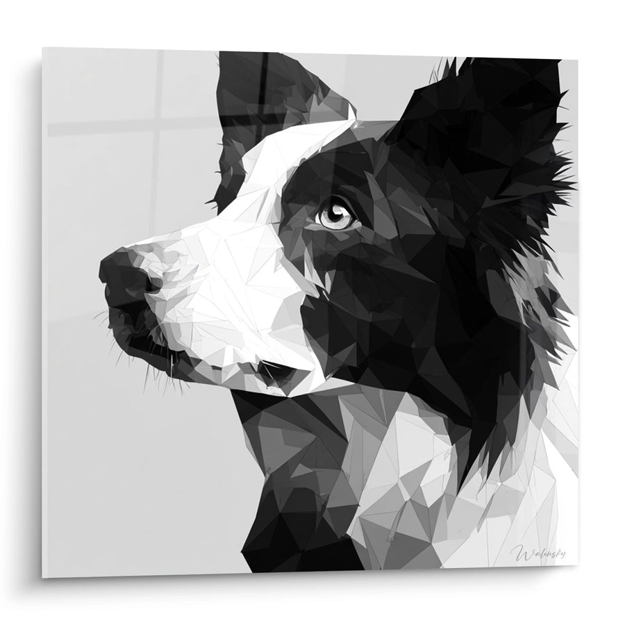 Tableau Border Collie Noir et Blanc aux Nuances Grises - Portrait Géométrique - Edition Tableau Border Collie