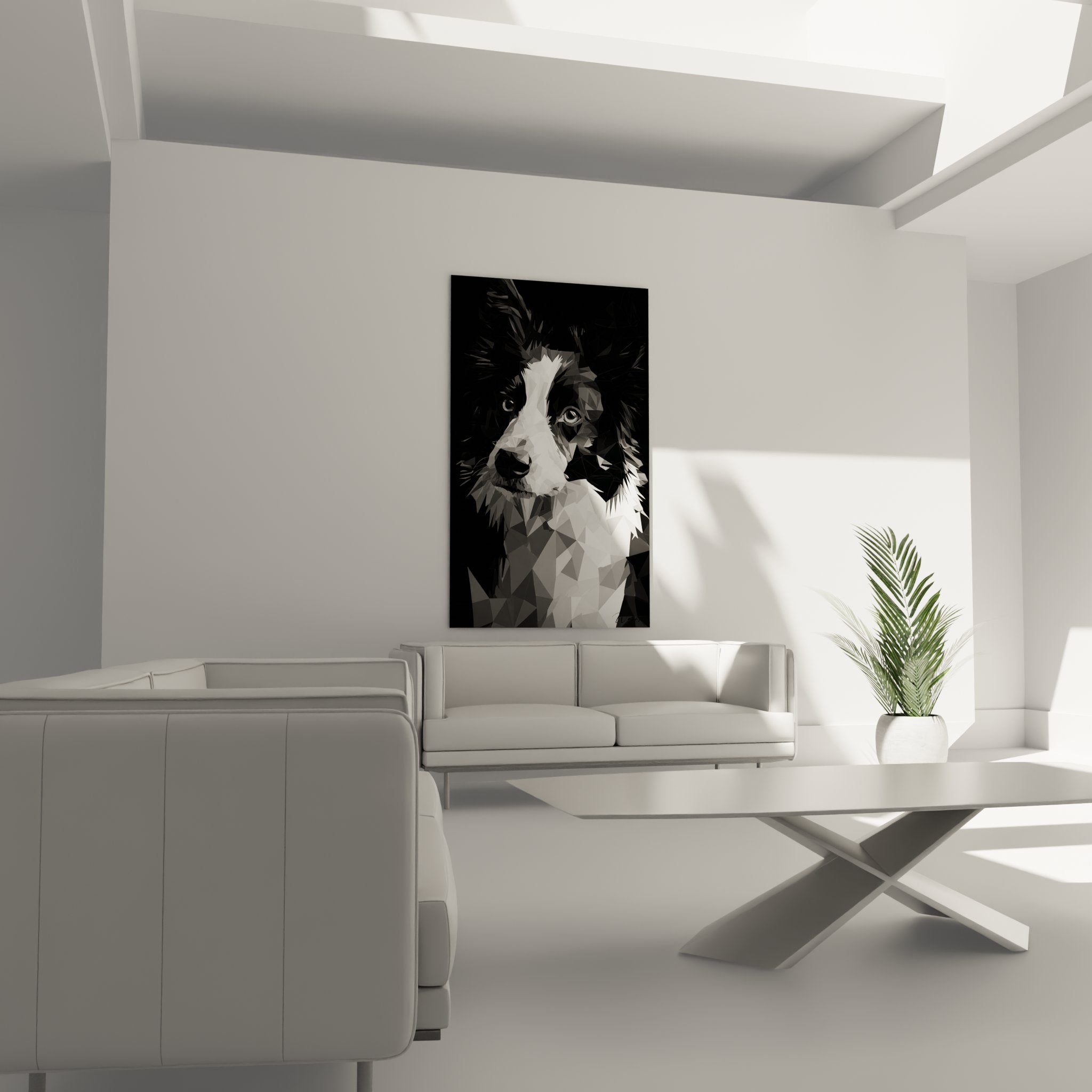 Gros plan portrait border collie polygonal facettes geometriques noir blanc art animalier moderne