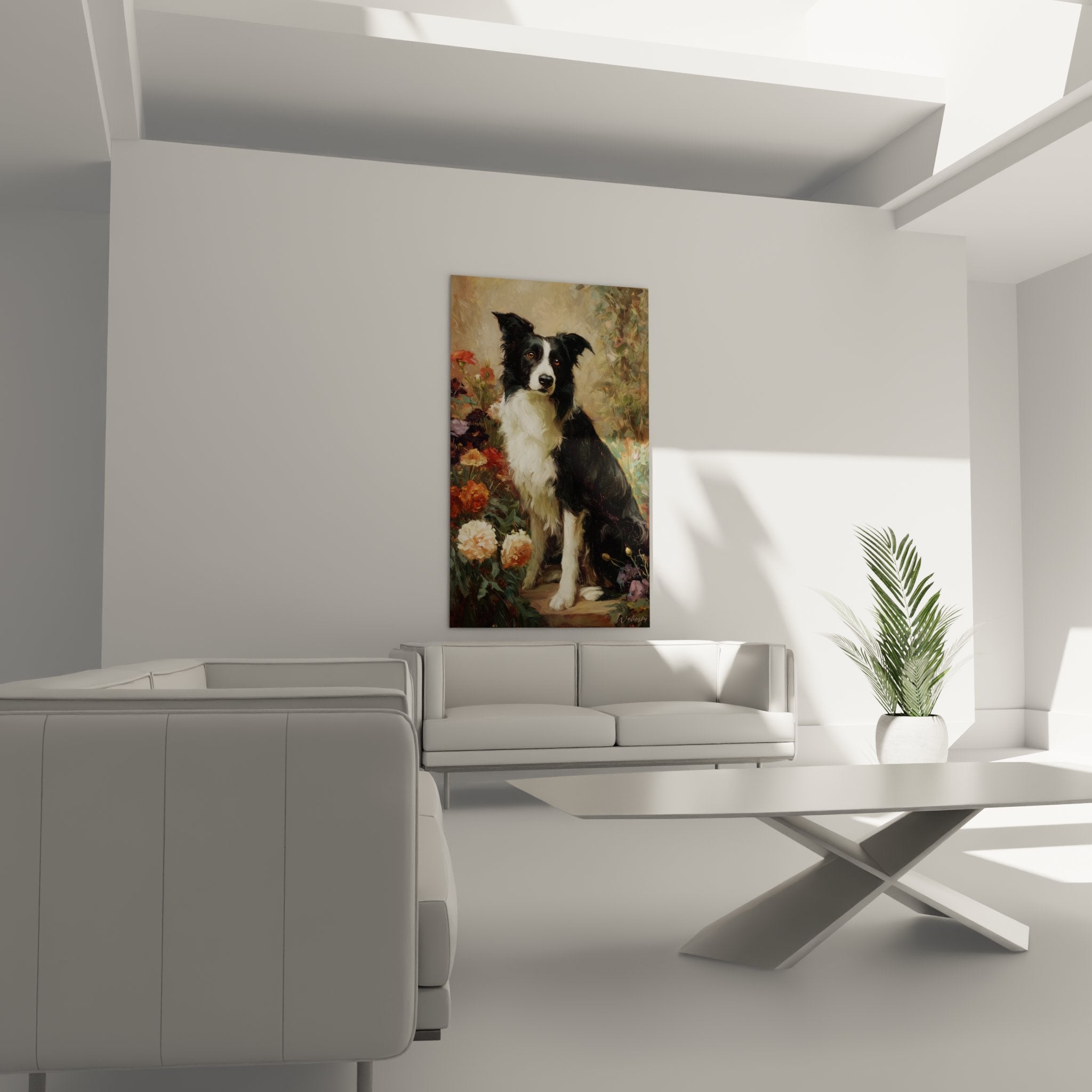 Gros plan portrait Border Collie yeux ambrés pelage noir blanc detail pinceau fleurs jardin artistique