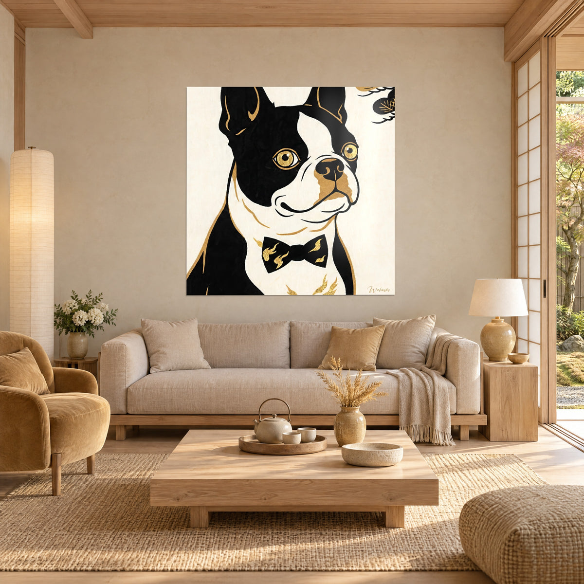 Obraz Boston Terrier ze złotą muszką, czarno-biała sierść, złote oczy, nad sofą w jasnym salonie