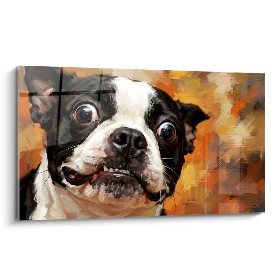 Tableau Boston Terrier aux Grands Yeux Expressifs - Portrait Moderne sur Fond Orange - Edition Boston Terrier