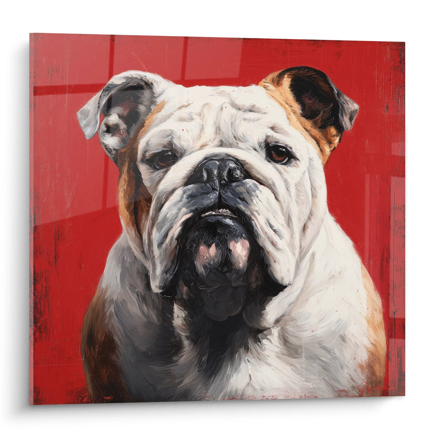 Tableau Portrait de Bouledogue Anglais sur Fond Rouge Écarlate - Force Tranquille - Edition Bouledogue Anglais