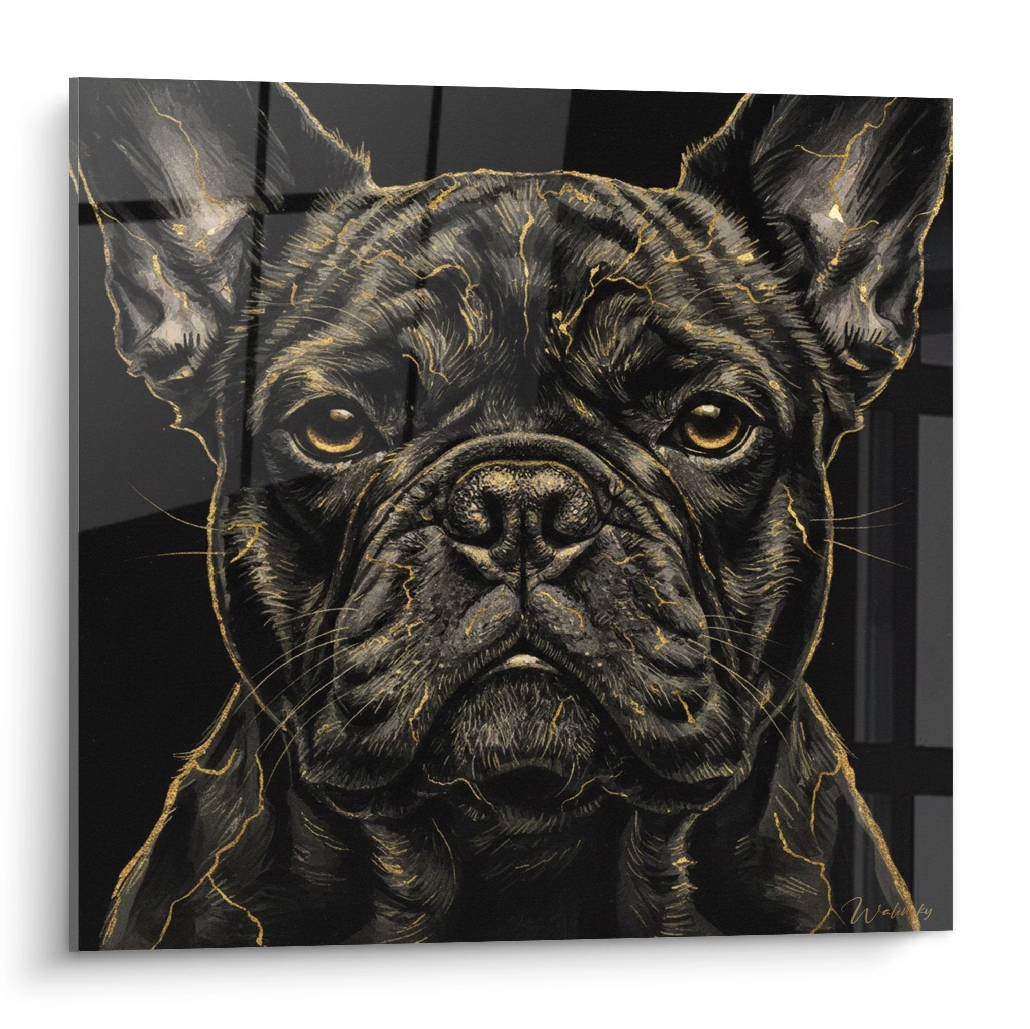 Artistic portrait black French bulldog golden highlights amber eyes dark background wall art