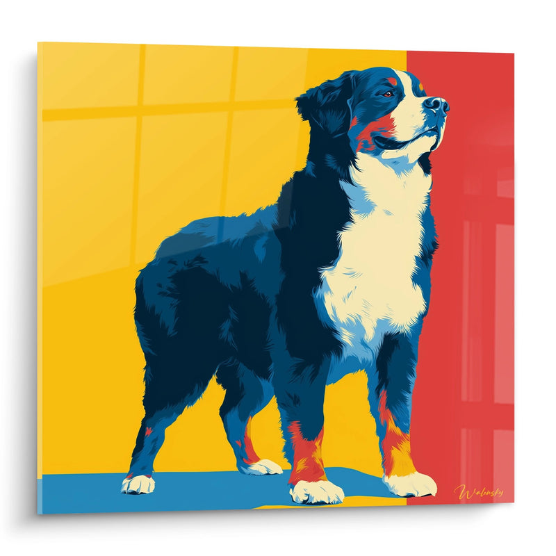 Bernese Mountain Dog Geometric Portrait Blue and Red Wall Art - Noble Gaze - Bernese Mountain Dog Edition