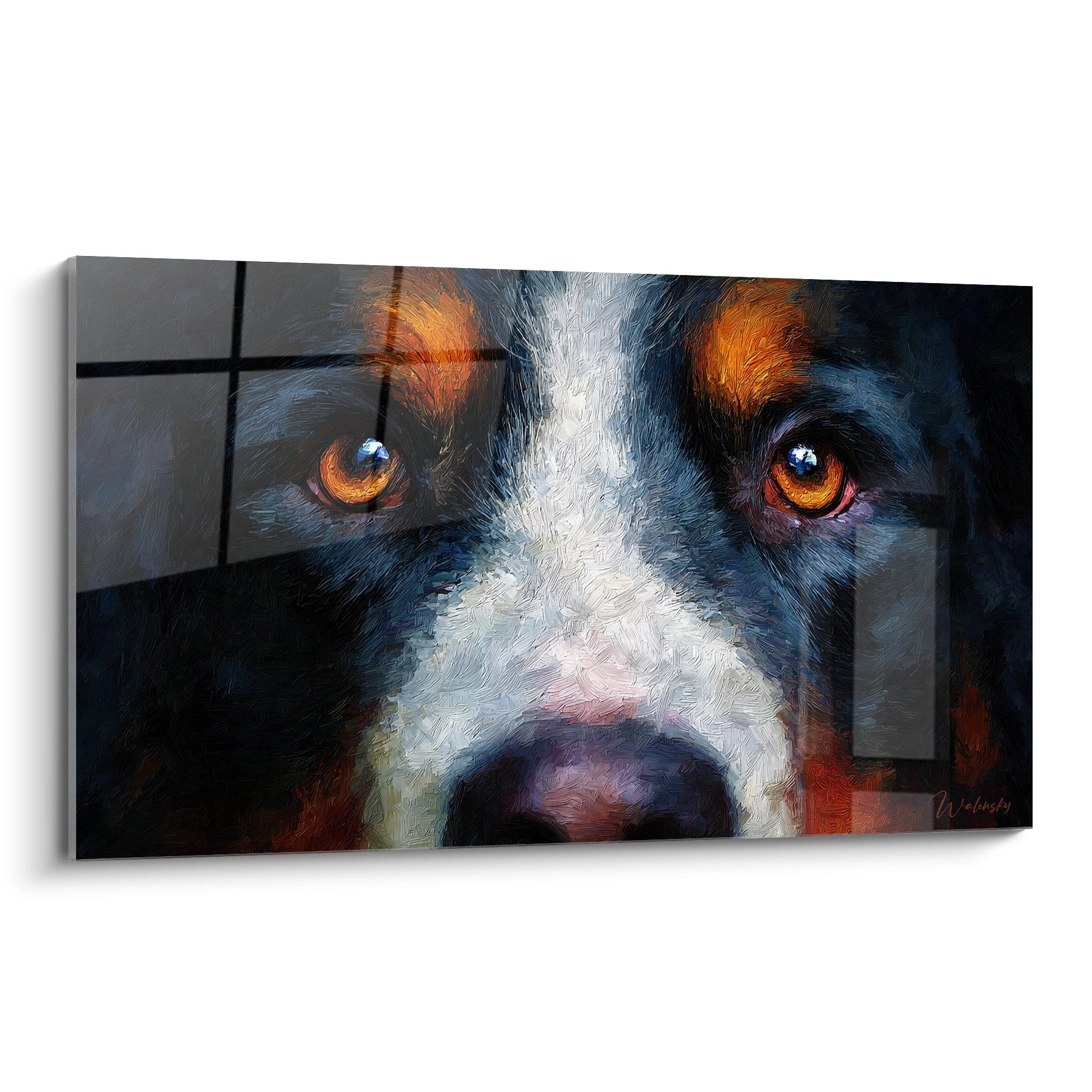 Portrait artistique Bouvier Bernois regard intense yeux dores peinture expressionniste coups pinceau