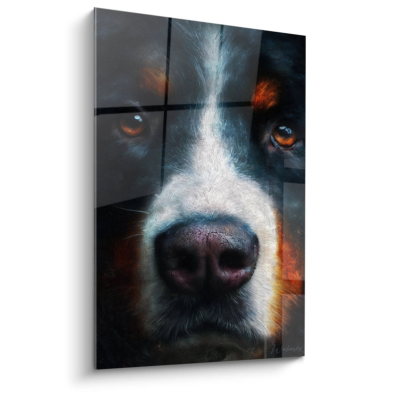 Canine Portrait Painting with Golden Eyes - Intense Gaze - Bernese Mountain Dog Edition