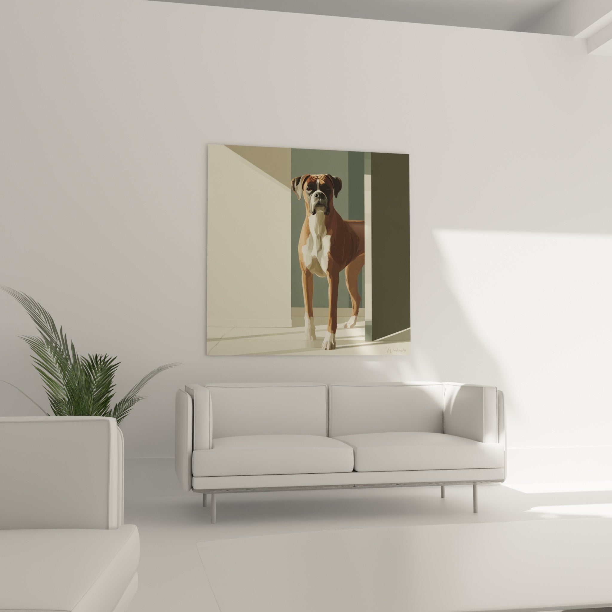 Détail portrait Boxer fauve et blanc, peinture contemporaine aux tons chauds et lumière dorée