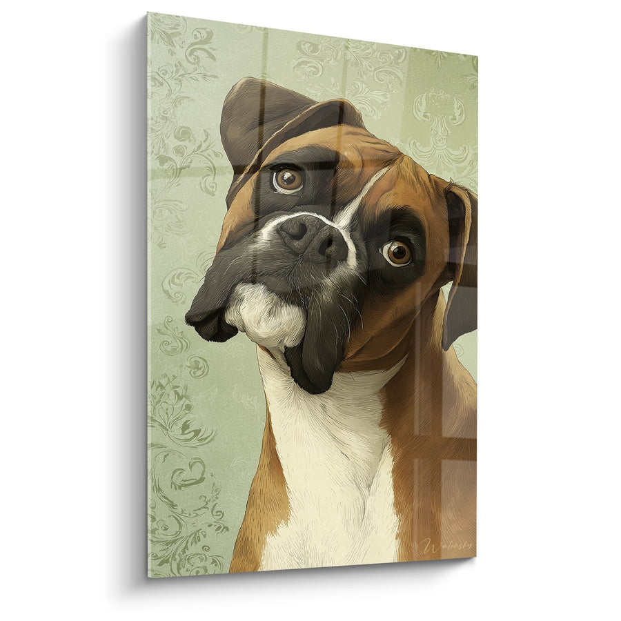 Tableau Chien Portrait Distingué sur Fond Orné Vintage - Regard Expressif - Edition Boxer