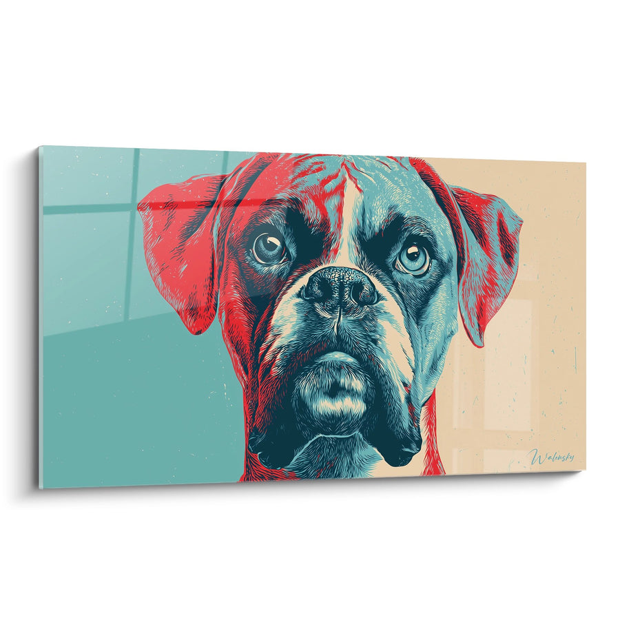 Tableau Portrait de Chien aux Teintes Turquoise et Rouge - Regard Profond - Edition Boxer