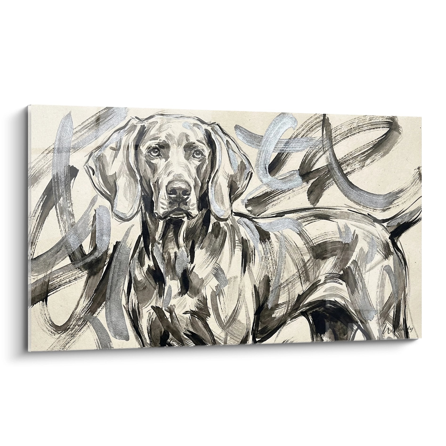 Portrait artistique Braque de Weimar noir et gris regard expressif coups pinceau gestuels fond beige