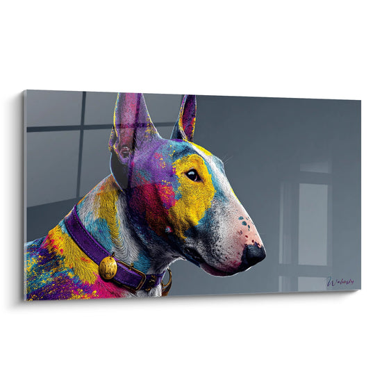 Portrait artistique Bull Terrier multicolore collier violet tons jaune bleu rose fond gris