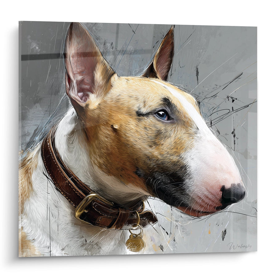 Tableau Portrait de Bull Terrier Blanc et Fauve aux Yeux Bleus - Élégance Canine - Edition Bull Terrier