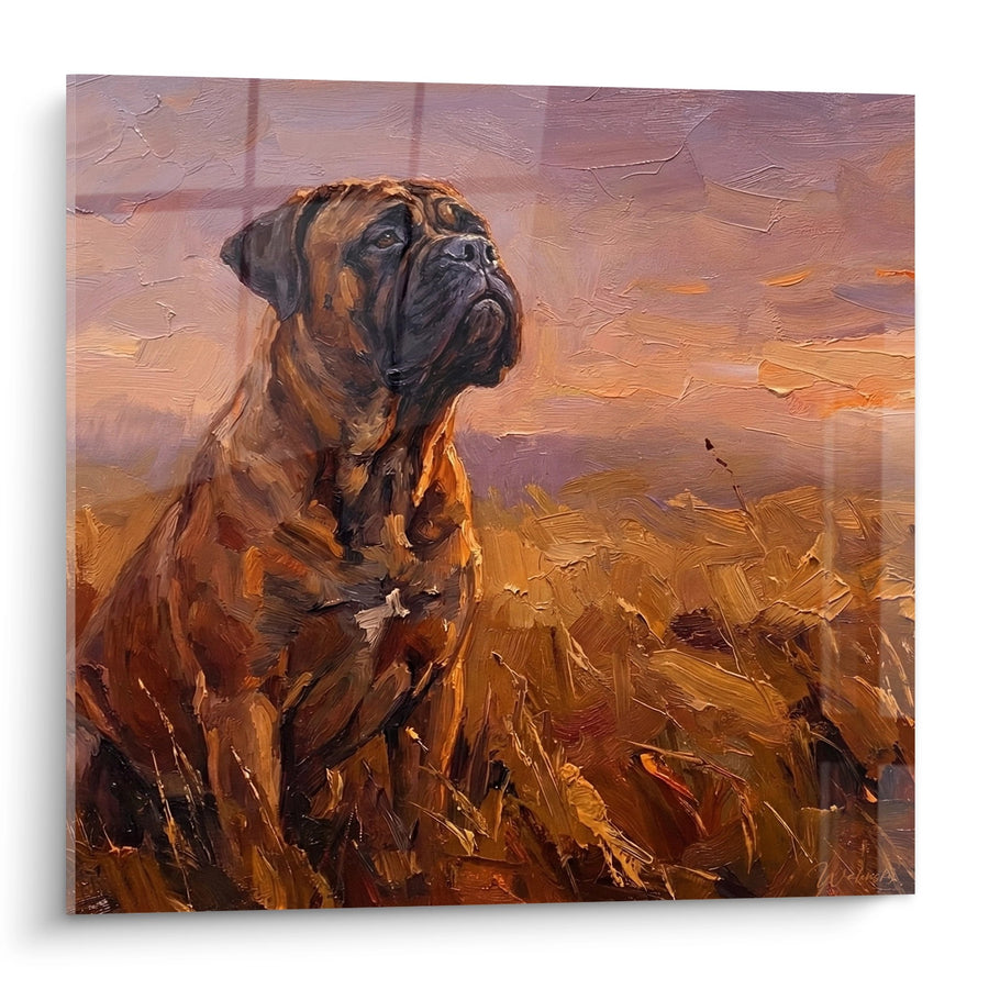 Majestätischer Hundetisch auf goldenem Feld im Sonnenuntergang - Edles Porträt - Bullmastiff-Ausgabe