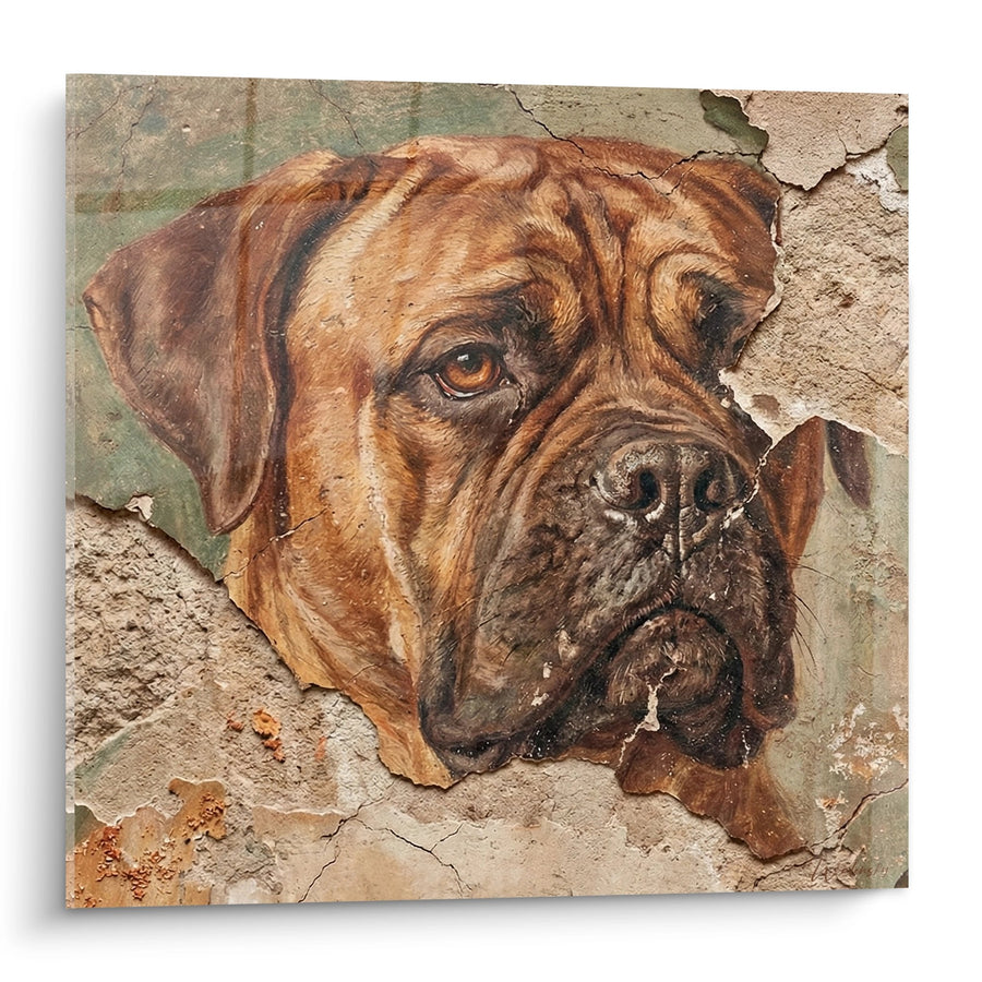 Hundeporträt-Tafel in Kupfertönen auf abblätternder Mauer - Intensiver Blick - Bullmastiff Edition