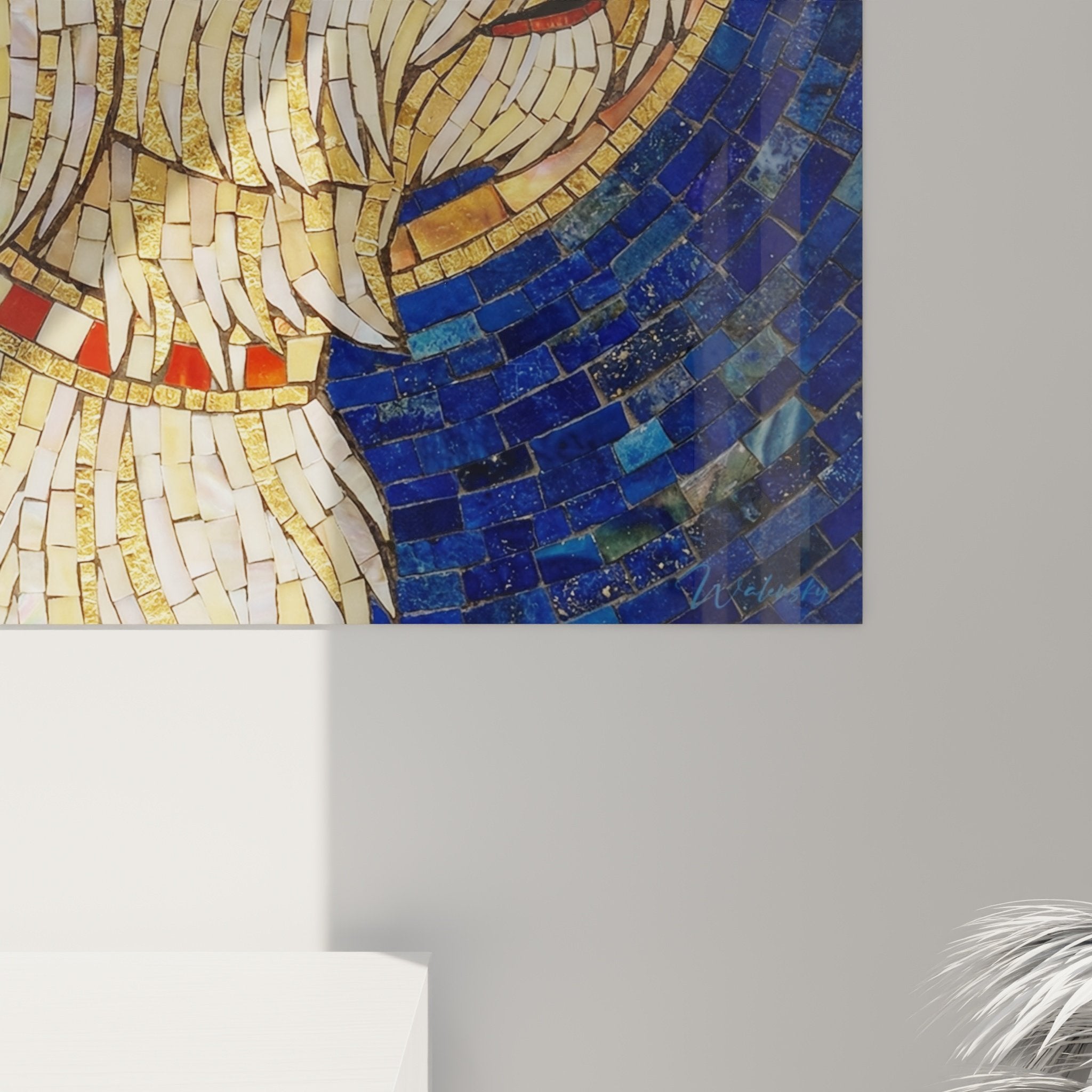 Byzantine style Maltese Bichon mosaic portrait with gold halo on deep blue background