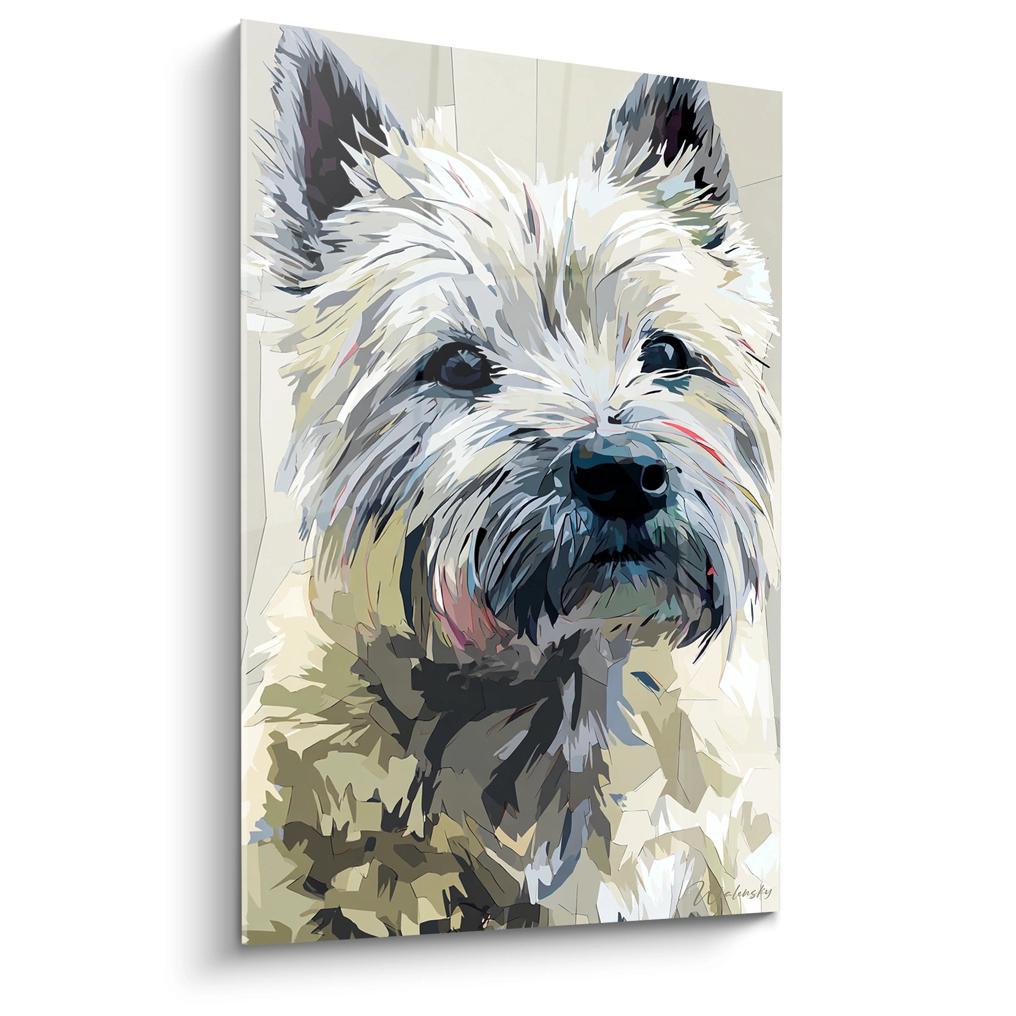 Portrait artistique de Cairn Terrier aux tons beiges et gris sur toile, regard expressif et pelage texturé