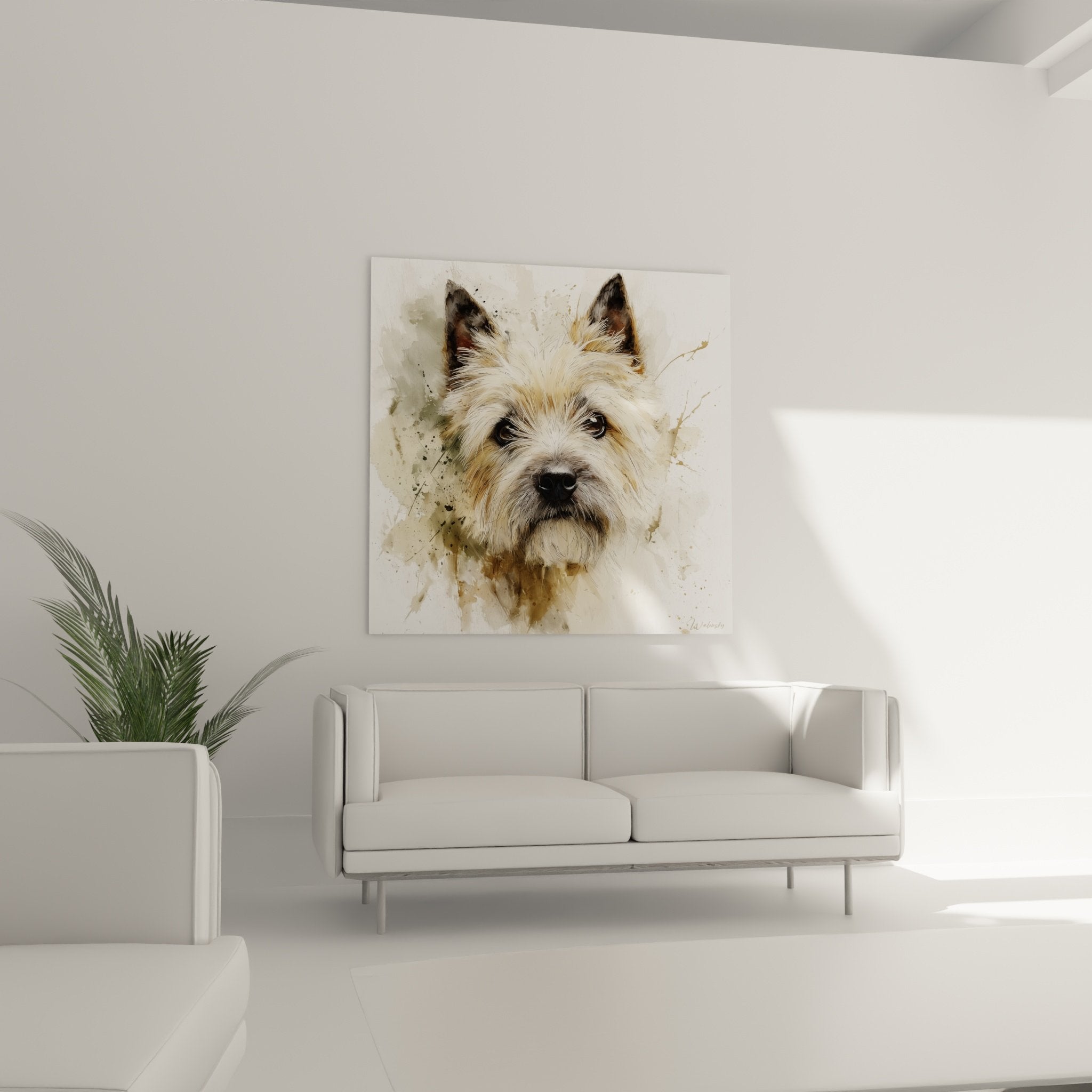 Gros plan portrait Cairn Terrier yeux expressifs technique aquarellee details pelage realiste