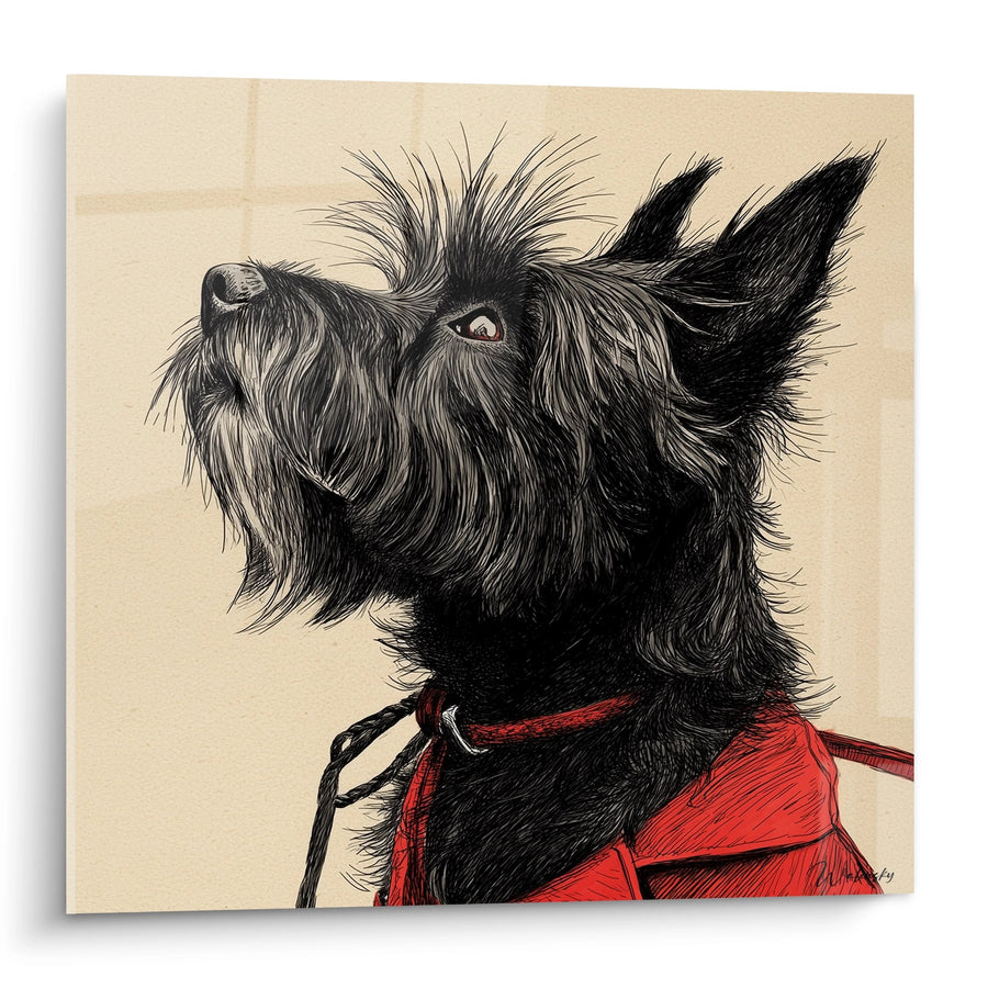 Tableau Chien Noir Hirsute au Manteau Rouge - Portrait Artistique - Edition Cairn Terrier
