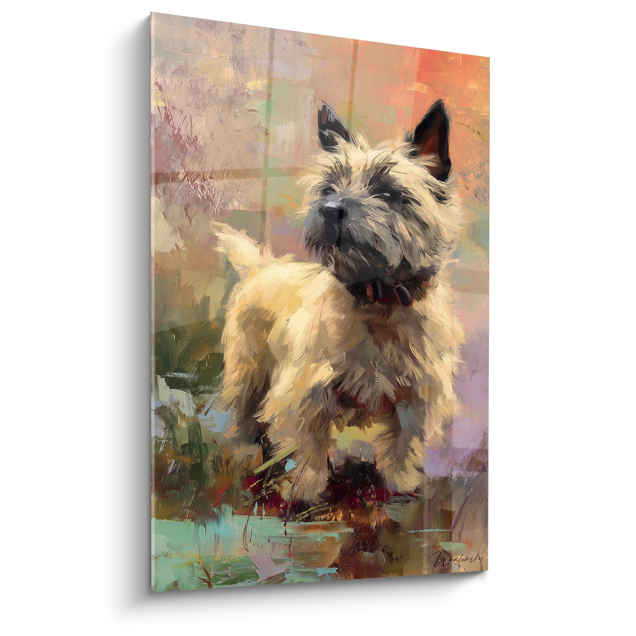 Portrait artistique Cairn Terrier aux tons pastel et dorés, peinture expressive sur fond turquoise et orange poudré