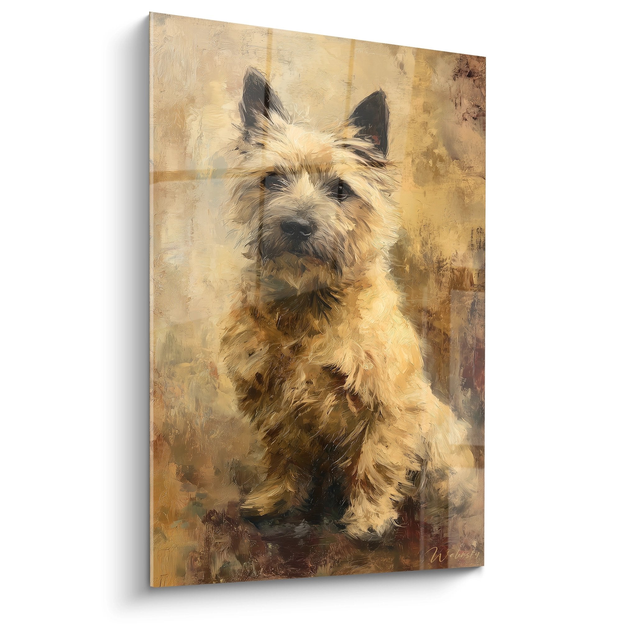 Portrait artistique Cairn Terrier tons dores fond patine texture peinture a huile style classique