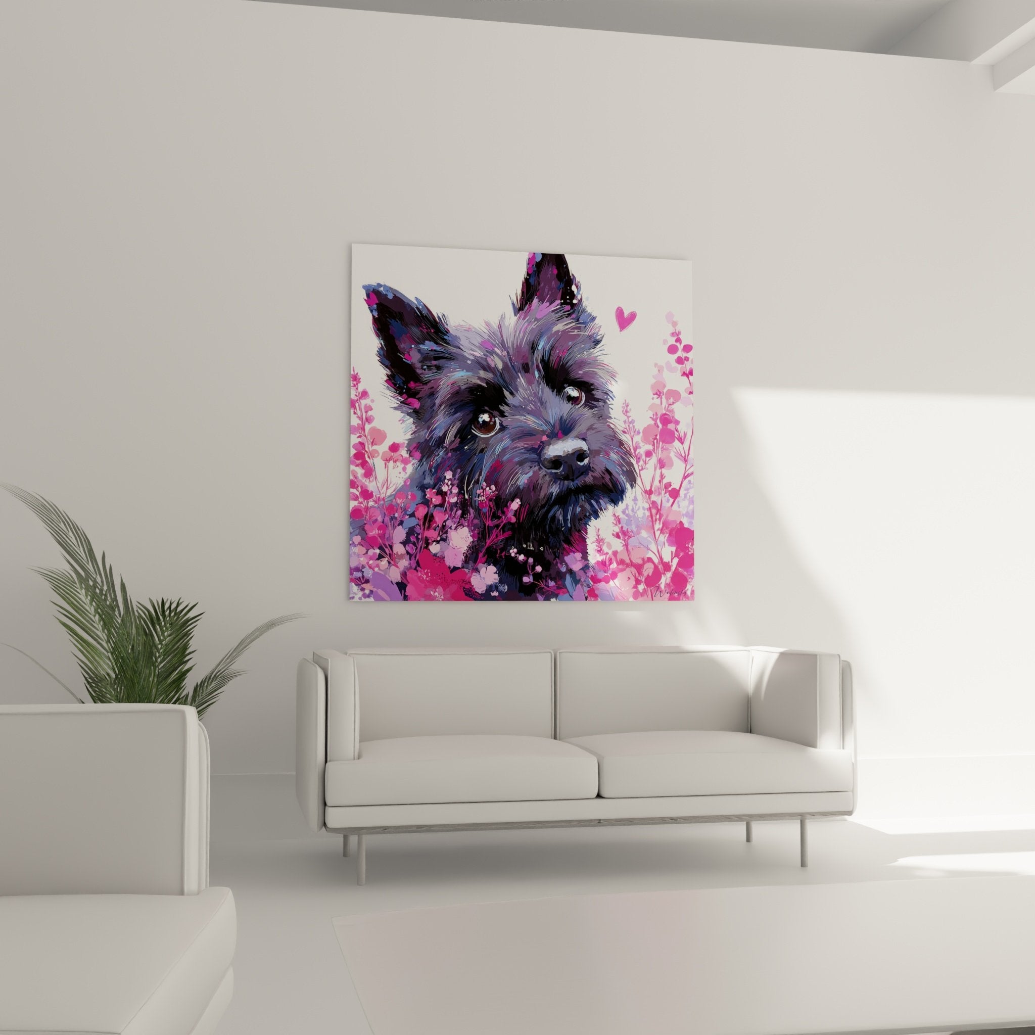 Gros plan tableau Cairn Terrier regard expressif pelage violet nuances bleues