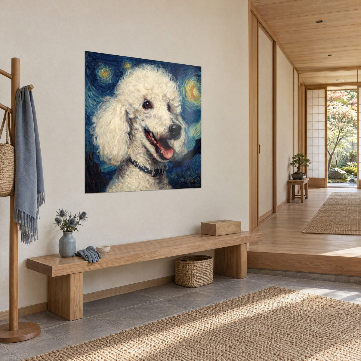 Wall art cream curly dog with brown gaze, navy and ochre swirling background, hung in a japandi wooden hallway