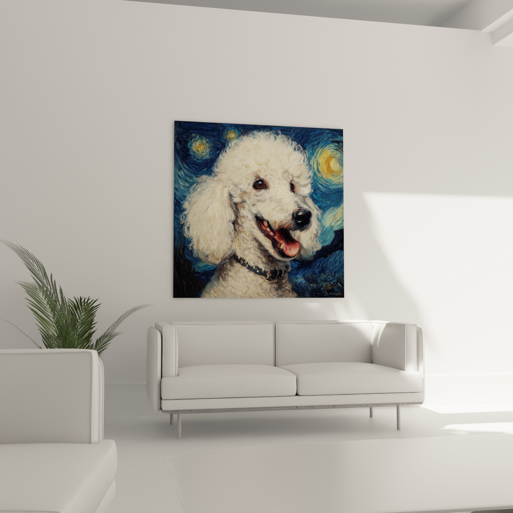 Gros plan sur caniche blanc au pelage boucle et regard expressif dans style artistique tourbillonnant