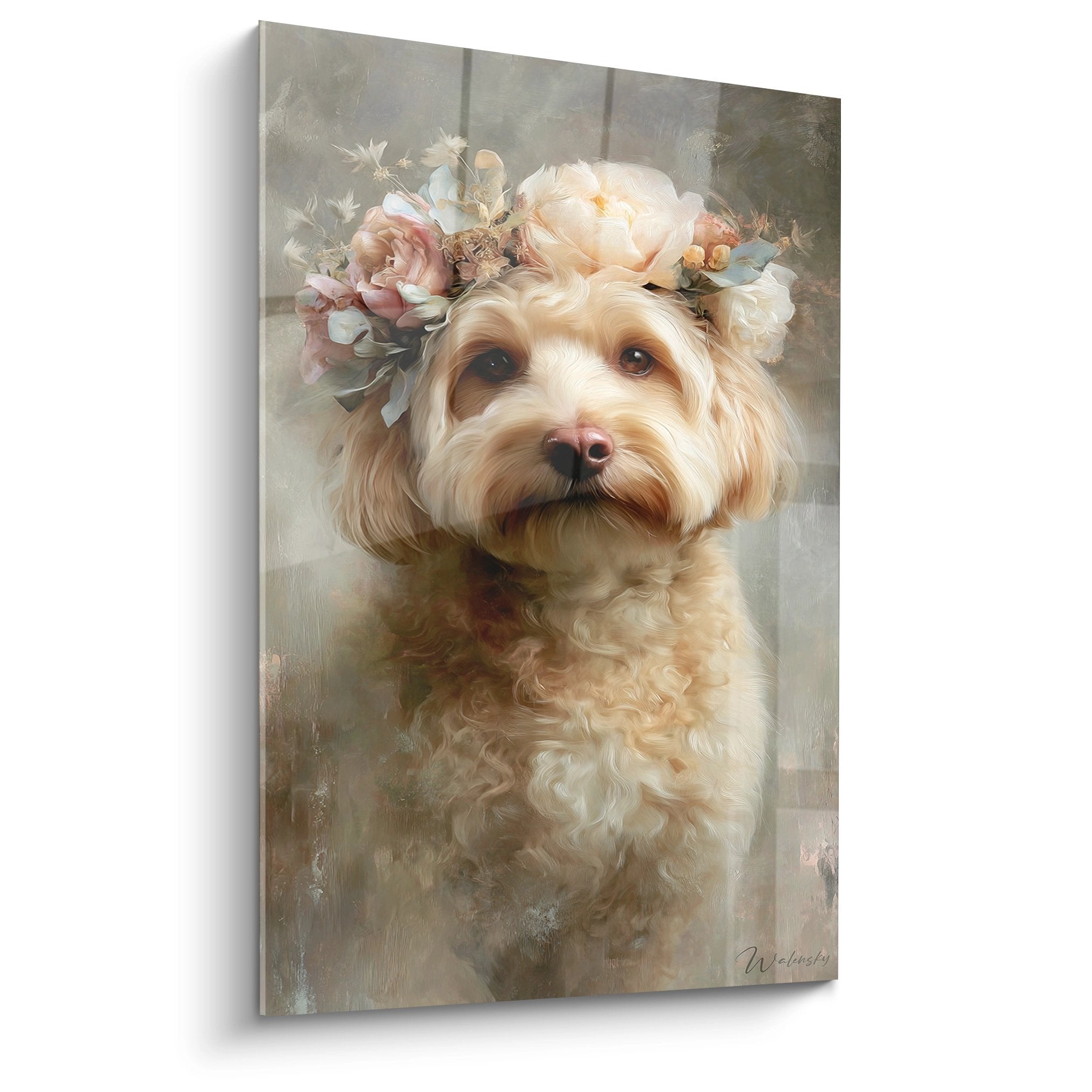 Portrait caniche couronne fleurs roses pastel fond beige style romantique peinture realiste