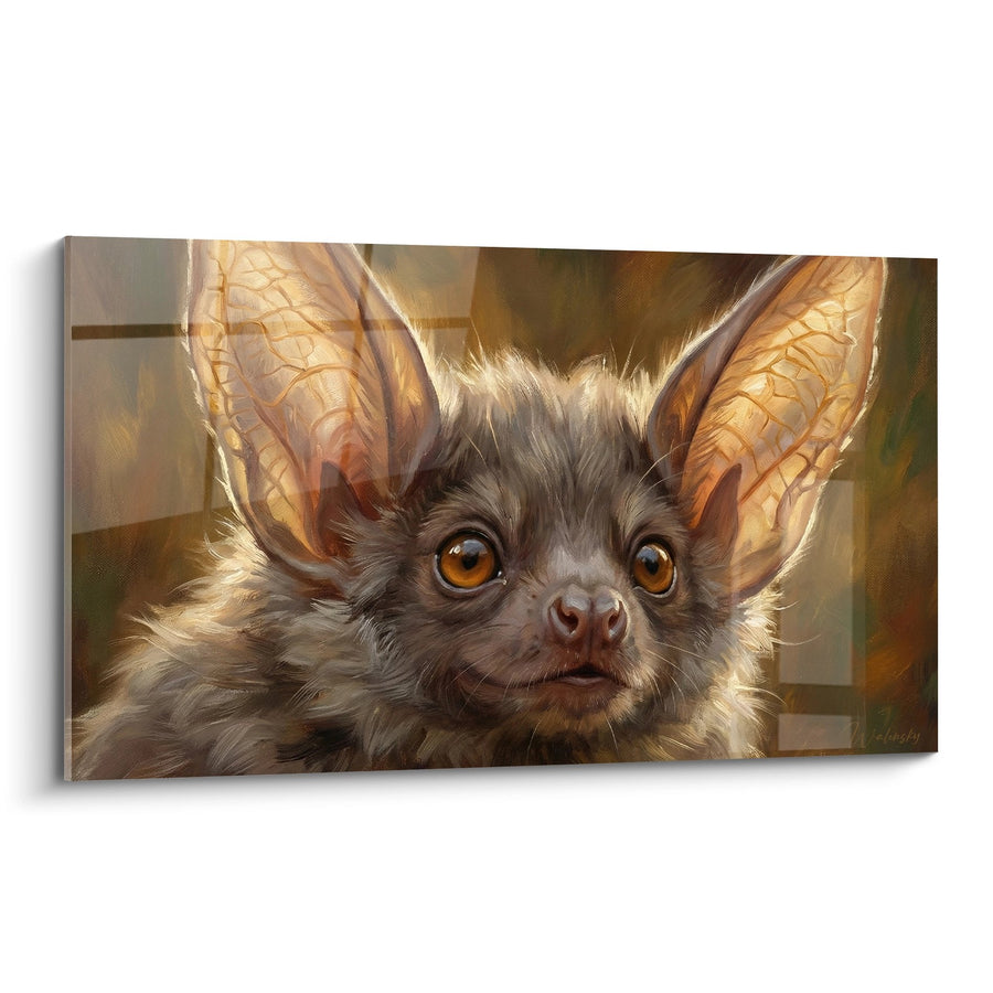 Tableau portrait chauve-souris aux grandes oreilles dorées et regard perçant - Majesté nocturne - Edition Chauve souris