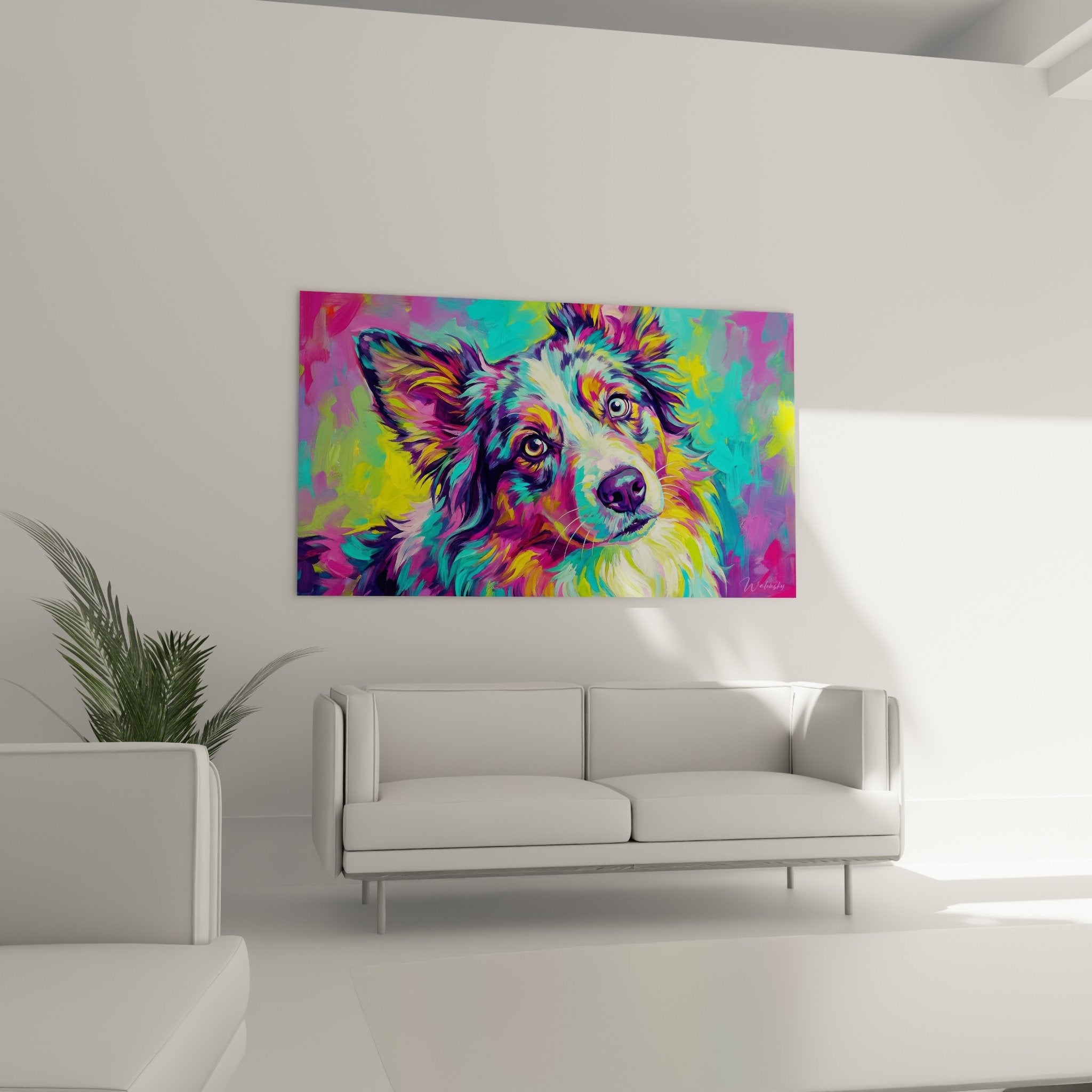 Close-up colorful dog portrait Miniature American Shepherd golden expressive eyes
