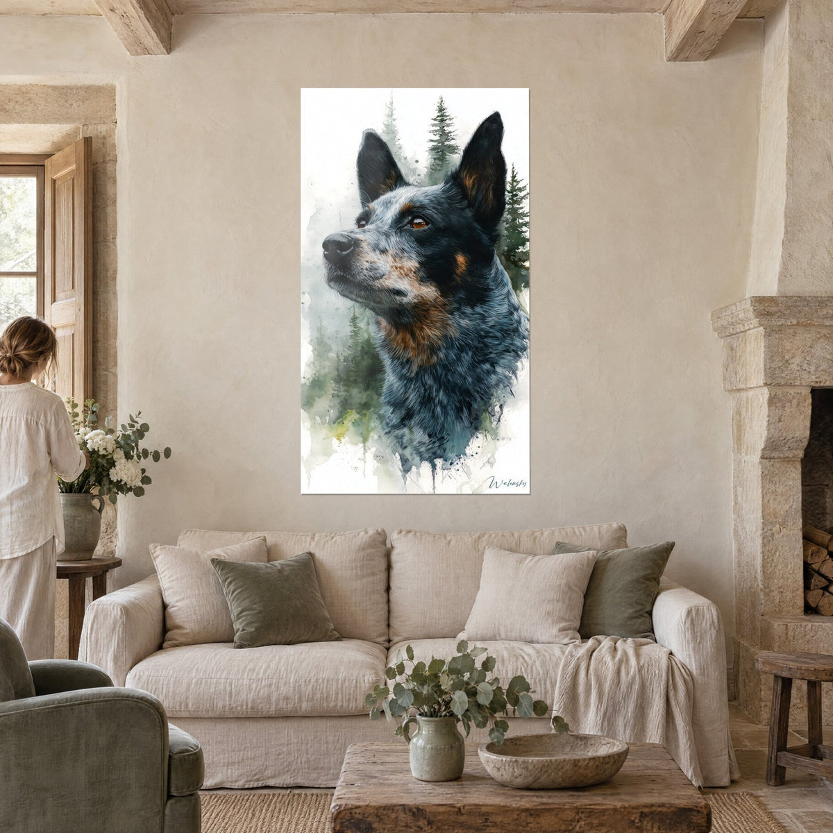Wall art blue merle dog with amber eyes, muzzle raised against a backdrop of green fir trees, above a sofa in a bright living room