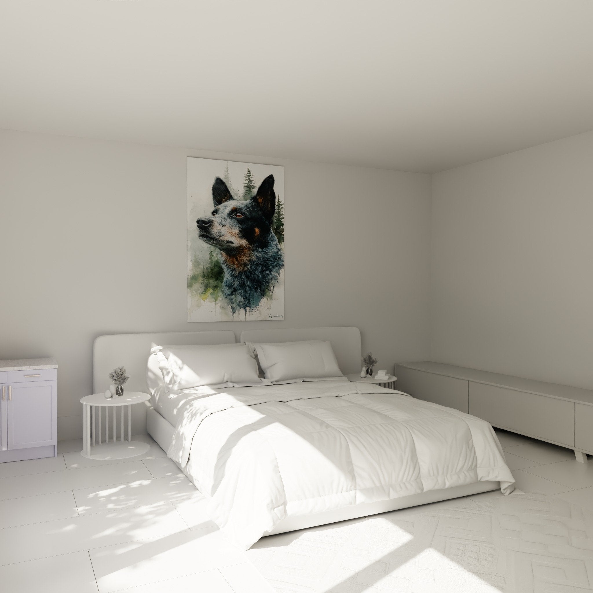 Portrait chien bleu merle yeux dorés décoration murale chambre ambiance nature aquarelle moderne