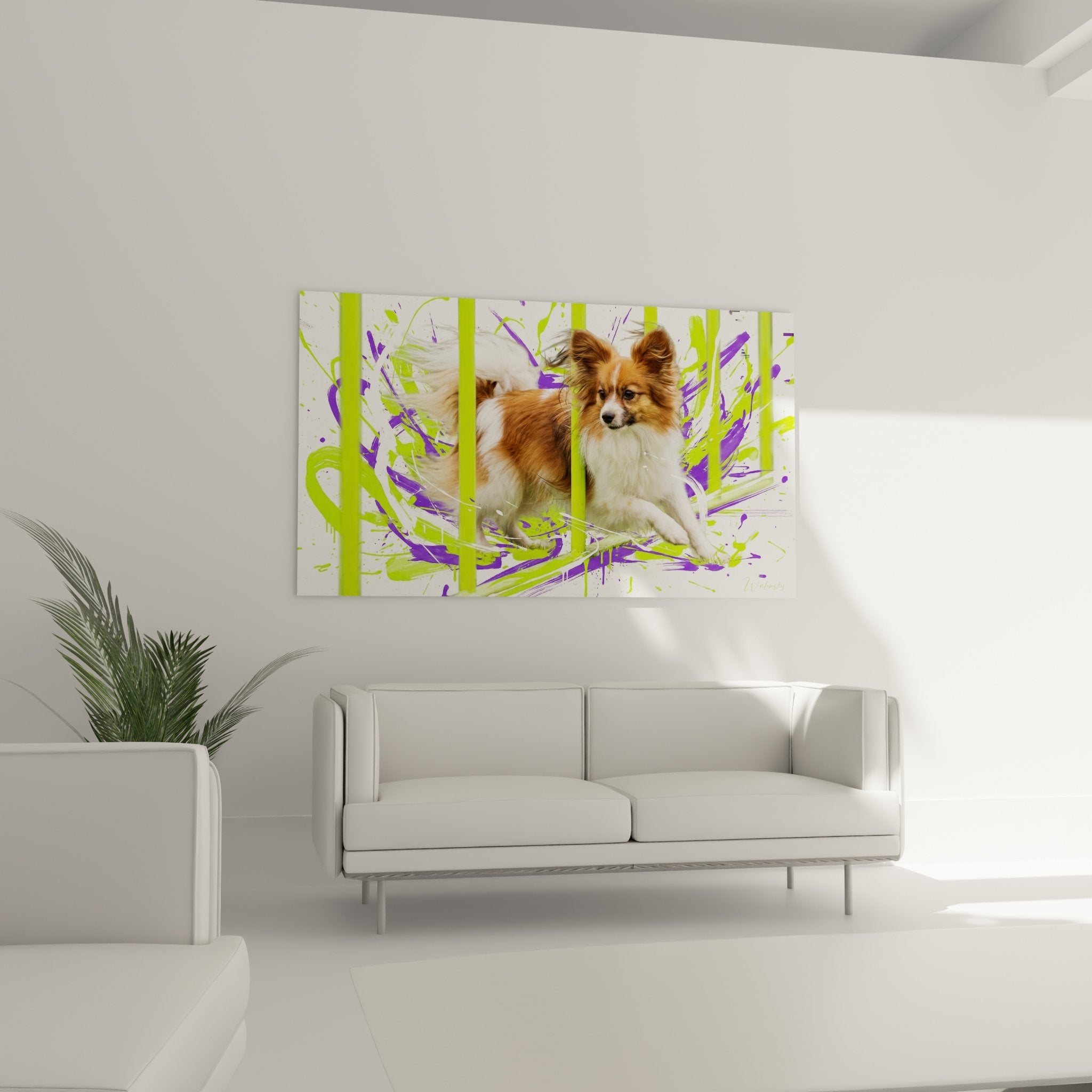 Detail portrait Chien Papillon pelage roux blanc oreilles dressees art contemporain coloré