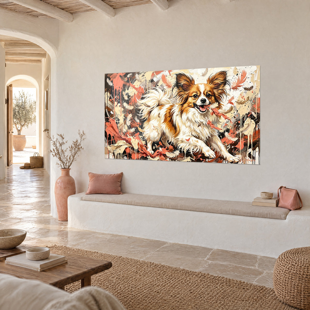 Tableau épagneul nain blanc et fauve mi-bondissant, coulures crème sur fond brun, au mur d'une maison méditerranéenne